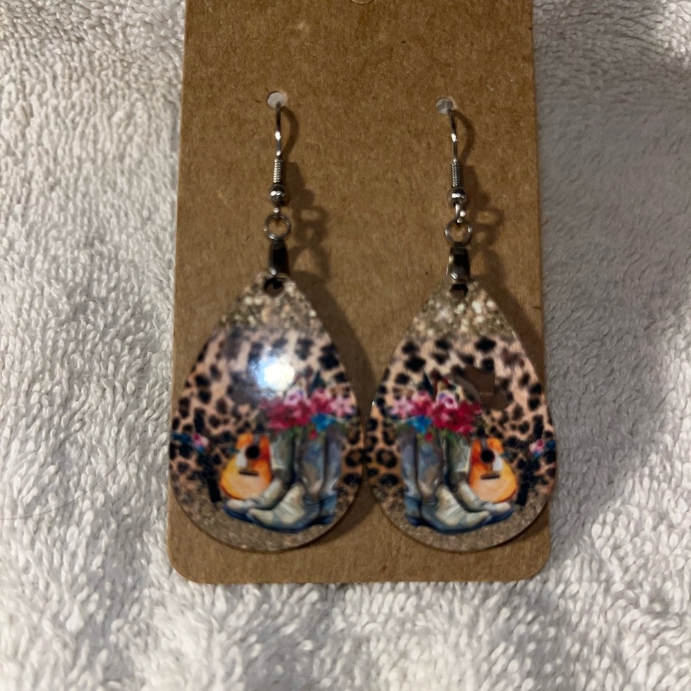 Leopard Print Teardrop Earrings with Floral Design